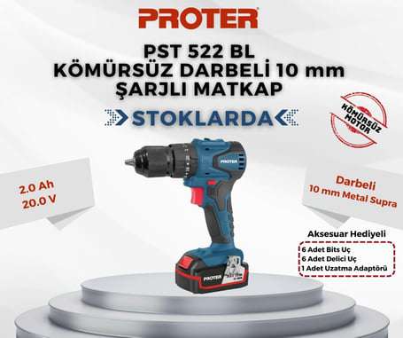 Proter PST 522 BL Kömürsüz Darbeli 10 mm Şarjlı Matkap