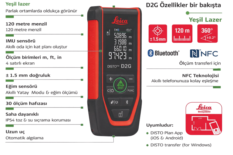 Leica Disto D2G Bluetooth lu  Lazer Metre 120m
