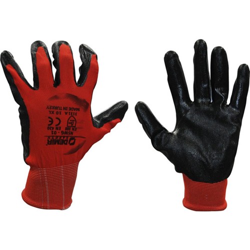Demir Polyester NSWG-01 İplik Ve Nitril Kaplı Eldiven - Kırmızı Siyah