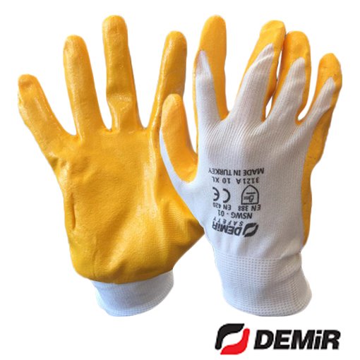 Demir Polyester NSWG-01 İplik Ve Nitril Kaplı Eldiven - Sarı Beyaz