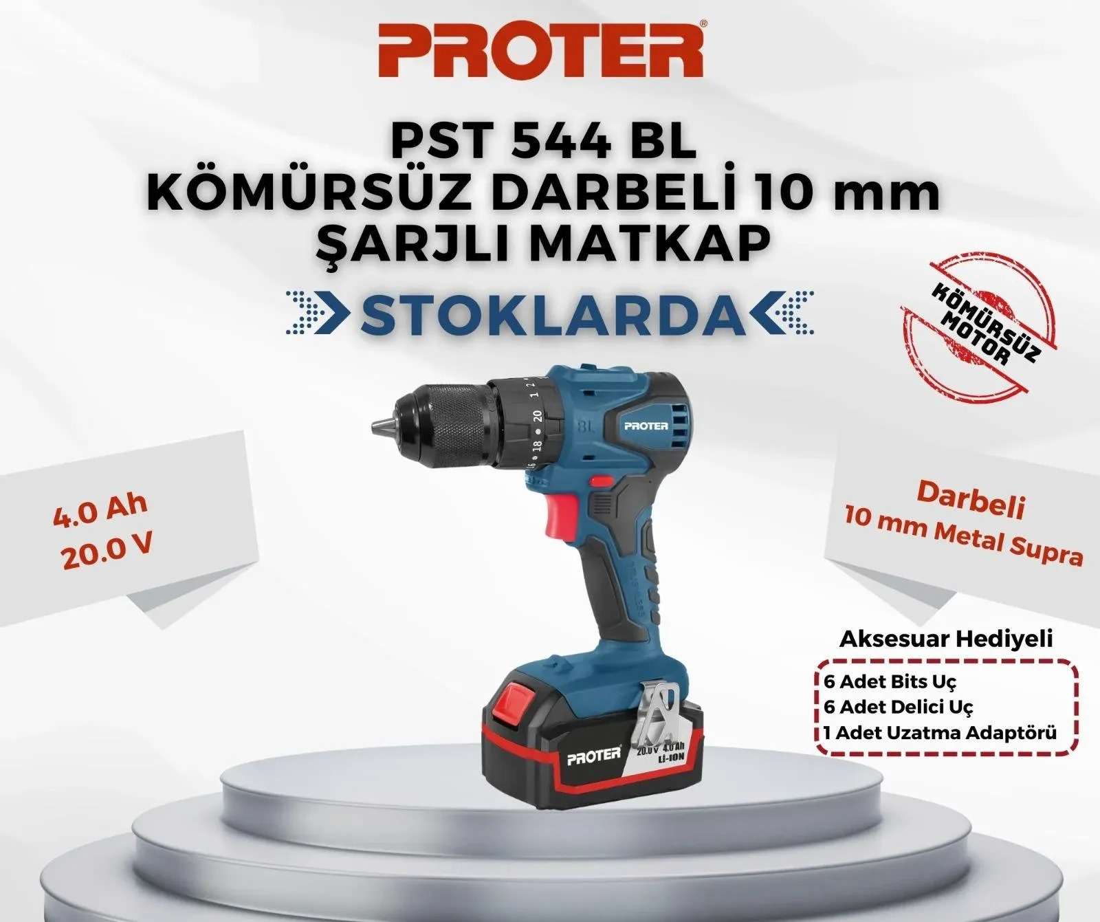 Proter PST 544 BL Çift Akülü Darbeli Kömürsüz Şarjlı Matkap