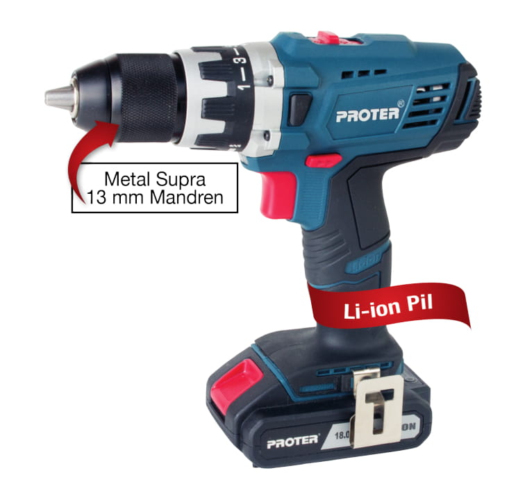 PROTER PST 418 SL Çift Akülü Matkap 13 Mm - 2.0 Ah / Li-ion -18 V