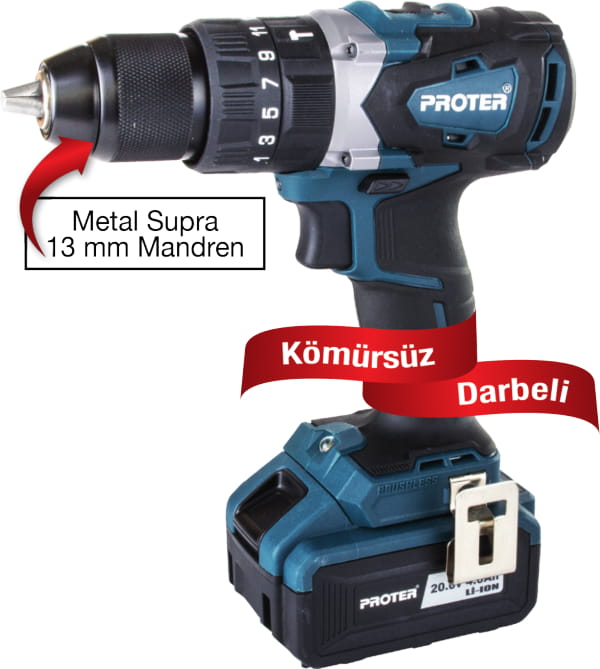 PROTER PST 740 BL Kömürsüz Darbeli Şarjlı Matkap 13 Mm -  20.0 V - 4.0 Ah/Li-On